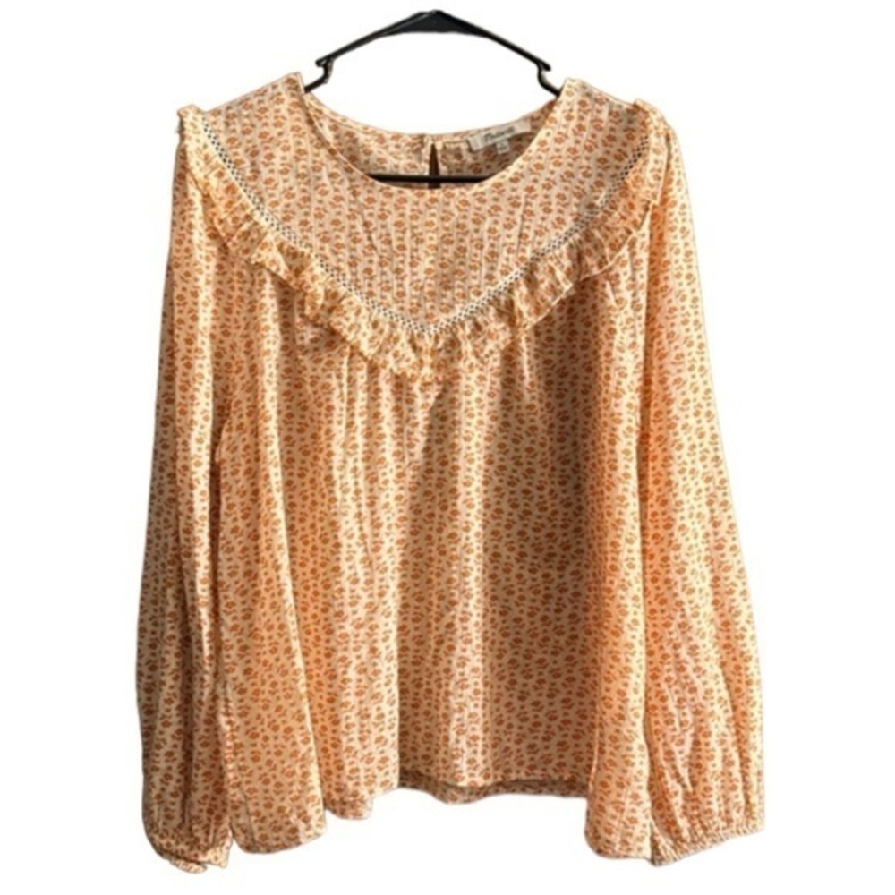 Madewell White Orange Long Sleeve Ruffle Yoke Blouse Size Large EUC #0512-OAK